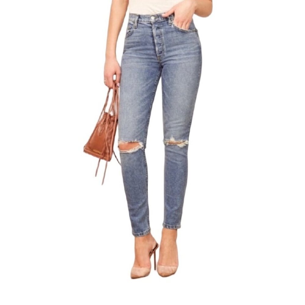 Reformation High Waisted Button Fly Size‎ 27 Serena Distressed Skinny Jeans